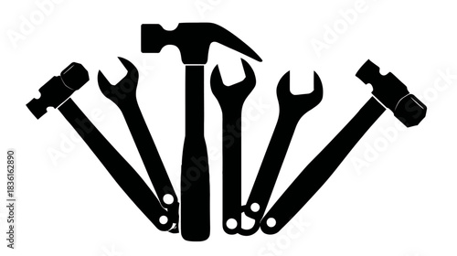 Various hand tools silhouette collection, including hammers and wrenches, fanned out on a white background, representing repair and construction.