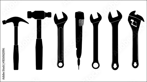 Collection of various hand tool silhouettes for construction, repair, and maintenance, including hammers, wrenches, and screwdrivers, isolated on white background.