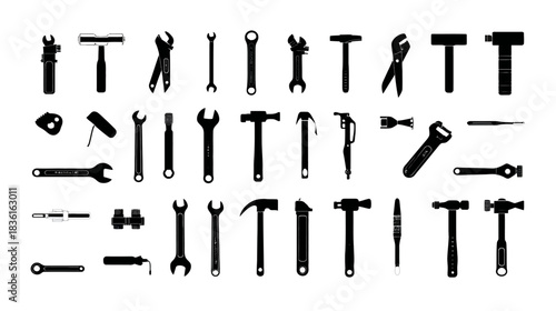 Vector set of hand tools silhouettes. Mechanic, repair, construction, and DIY equipment icons, including wrenches, hammers, screwdrivers.