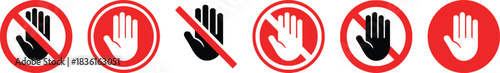 do not touch, hand, icon, symbol, prohibition, warning, stop, forbidden, restricted, safety, alert, red, black, white, circle, diagonal line, graphic, design, vector, illustration, set, collection