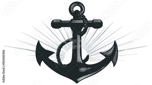 Classic black anchor illustration with rope, nautical marine symbol for stability, safety, and adventure, graphic element with radiating lines.