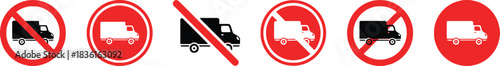 truck, van, lorry, transport, vehicle, prohibition, forbidden, restricted, no entry, sign, symbol, red circle, diagonal line, traffic, warning, safety, icon, graphic, silhouette, black and white, tran