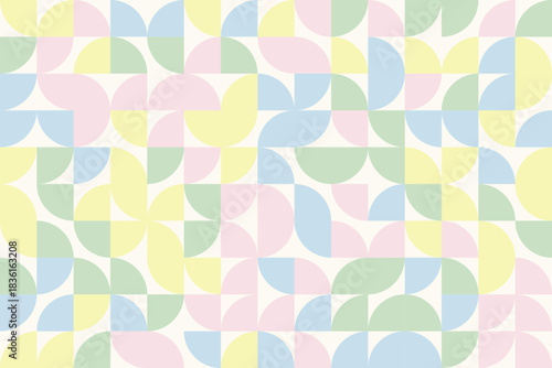 Abstract geometric background, Bauhaus style, seamless vector geo pattern, simple flat style shapes, pastel colors yellow, blue, green, blush pink