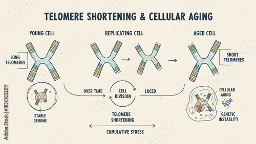 Hand-drawn vector schematic illustrating telomere shortening on chromosomes over time, highlighting its role in cellular aging and genetic stability, ideal for medical and science education