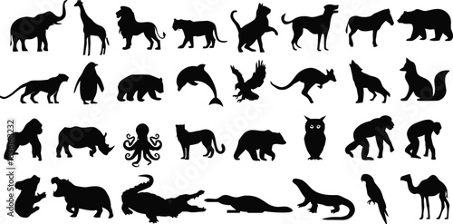 animal, silhouette, elephant, giraffe, lion, tiger, cheetah, dog, bear, wolf, fox, leopard, penguin, dolphin, eagle, kangaroo, gorilla, rhinoceros, octopus, owl, koala, hippopotamus, crocodile, alliga