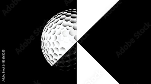 Dramatic black and white golf ball showcasing texture, high contrast and a striking split graphic background, minimalist sport art.