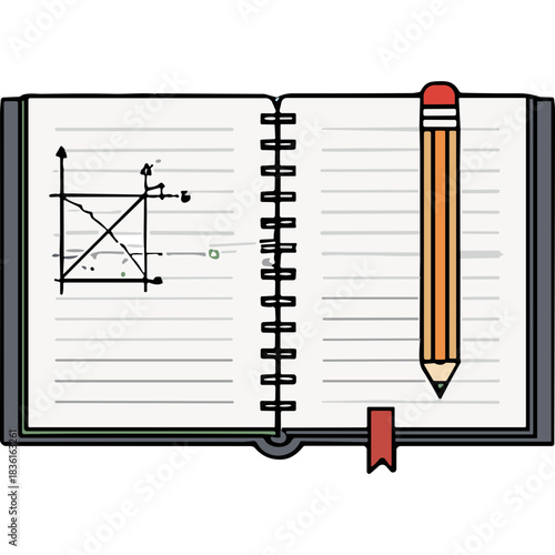 Open Notebook With Graph Paper And Pencil Showing Mathematical Equations And Geometric Shapes In A White Background, Educational Concept