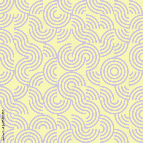 Abstract geometric background with curved lines, buttermilk yellow colors, Bauhaus style, seamless vector geo pattern, simple flat style shapes. Circles, half and quaters shapes