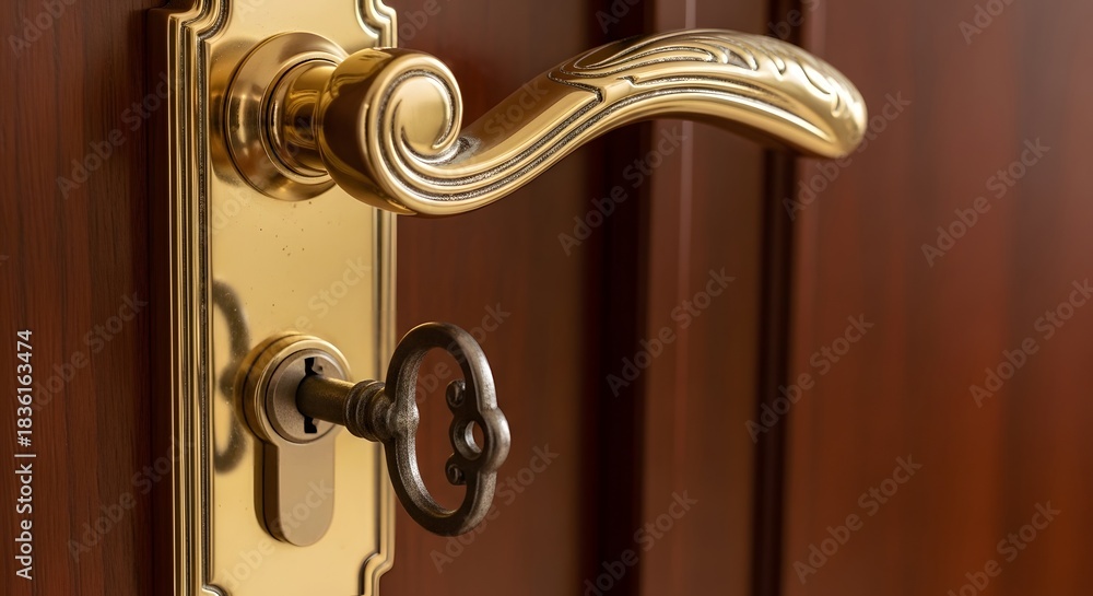Obraz premium Close-up of a vintage brass door handle with a key inserted into the lock, emphasizing security and elegance