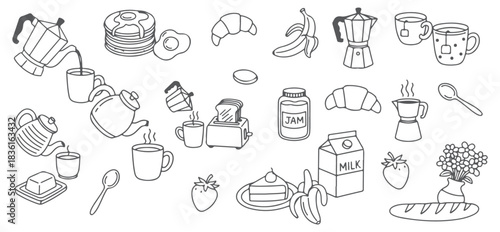 Outline Drawing Set of Everyday Morning Objects, Tea, Egg, and Croissant.
