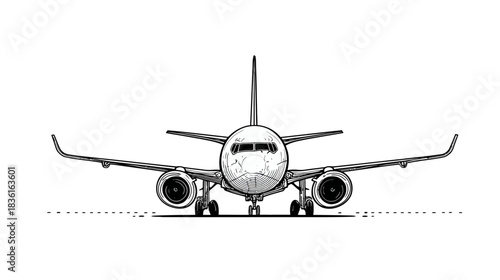 Front view detailed hand-drawn illustration of a commercial jet airplane on a runway, black and white line art sketch.