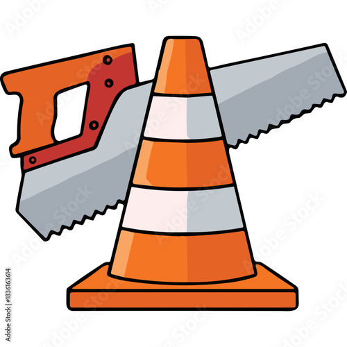 Orange and white traffic safety cone with sharp metal saw blade positioned behind it on a dark background symbolizing construction and repair work