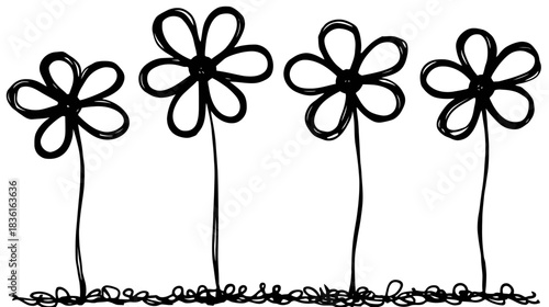 Simple hand-drawn black and white doodle of four abstract flowers in a row. Whimsical line art illustration of spring nature.