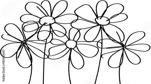 Whimsical hand-drawn black and white daisy flowers illustration, simple floral line art doodle design element