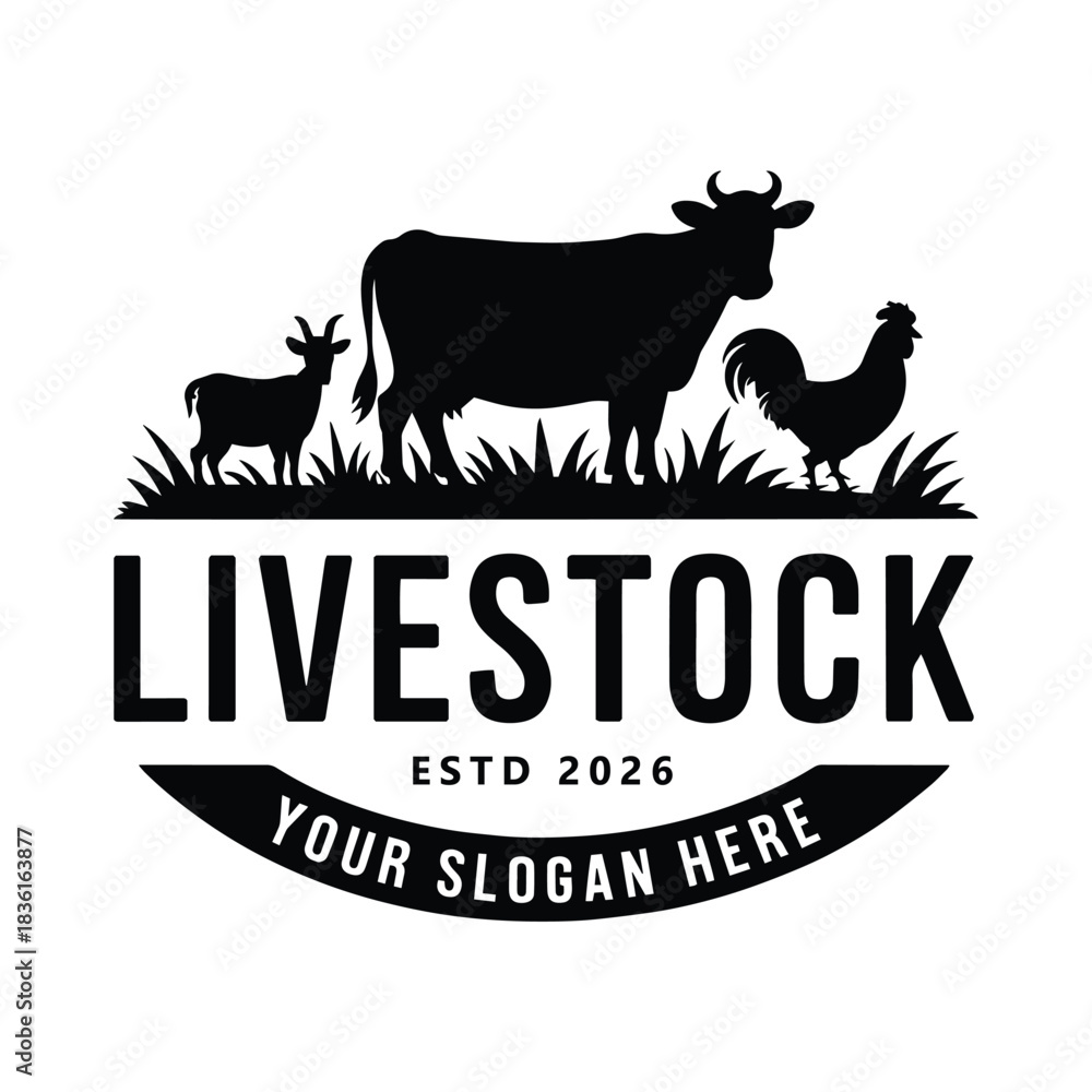 Obraz premium Livestock Logo with Goat, Cow, Rooster Silhouettes