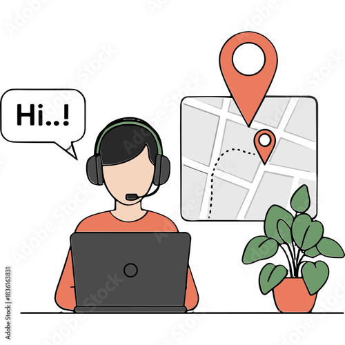 Person Wearing Headset Working On Laptop With Map And Location Pin Nearby Providing Customer Service Or Support With A Speech Bubble Saying Hi