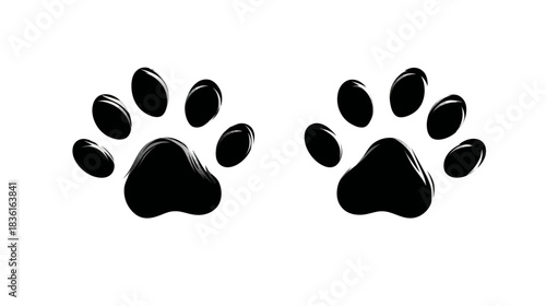 Cute black animal paw prints isolated on white. Pet footprint graphic, dog or cat track vector illustration element.