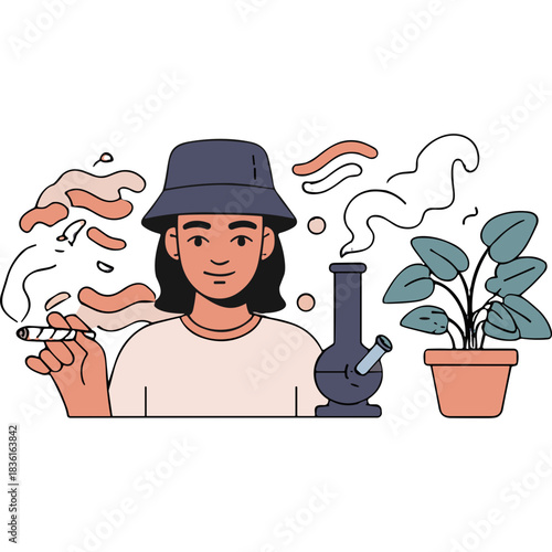 Person wearing bucket hat holding a joint with smoke near a bong and potted plant with abstract shapes in the background illustration style