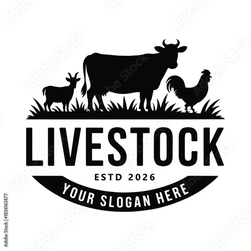 Livestock Logo with Goat, Cow, Rooster Silhouettes
