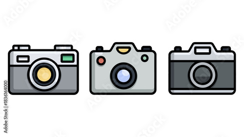 Set of three stylized camera icons, flat design illustration of photography equipment, digital and vintage cameras for creative projects.