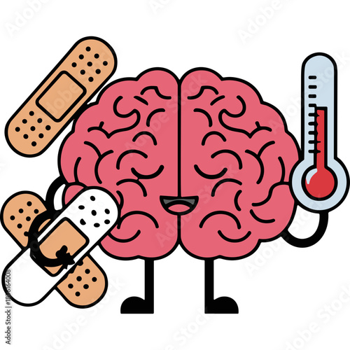 Pink Brain Illustration With Band Aids and Thermometer Showing Illness and Recovery Concept
