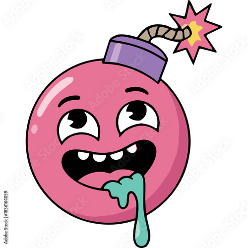 Pink cartoon bomb with a goofy expression drooling against a black background with a lit fuse emitting sparks and a purple fuse cap adding a playful element to the illustration
