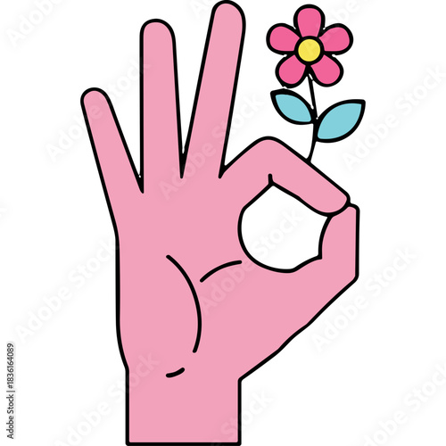Pink Hand Gesturing OK Sign with a Pink Flower and Light Blue Leaves on a Black Background with Subtle Lines Indicating Palm Anatomy and Soft Lighting