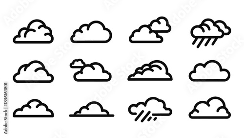 Collection of cloud icons in a simple outline silhouette style
