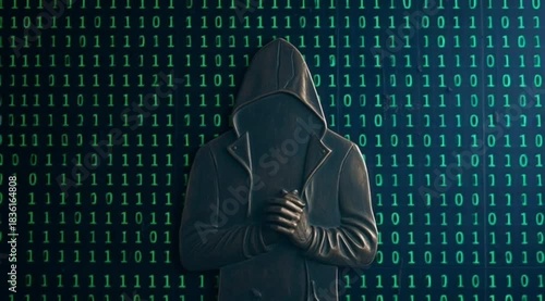 Hooded figure standing in front of binary code background symbolizing digital data threat in dark cyber environment. Cybersecurity concept