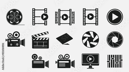 Collection of film and video production icons silhouette
