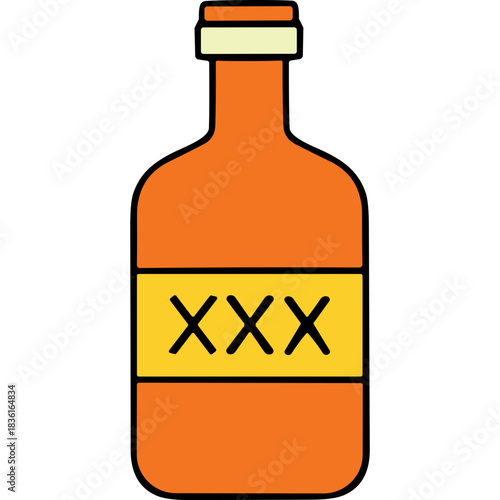 Orange Glass Bottle with Yellow Label Featuring XXX Text Against a Black Background