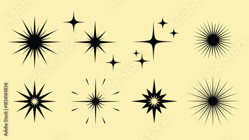 Collection of black starburst and sparkle shapes silhouette