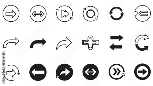 Collection of black and white arrow icons in silhouette style