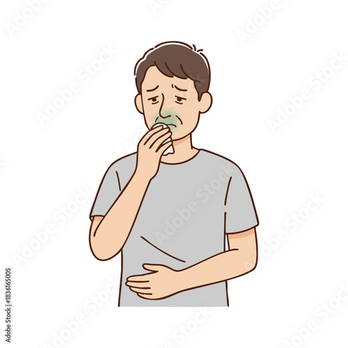 Man with a cold, suffering from runny nose and stomach ache, holding a tissue