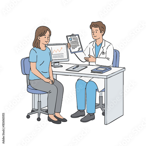 A friendly male doctor consults with a female patient, reviewing health results and discussing medical care in a clean office setting, illustrating a routine check-up and communication