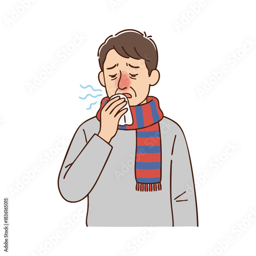 Vector illustration of a sick man with a cold or flu, blowing his red runny nose into a tissue while wearing a warm scarf