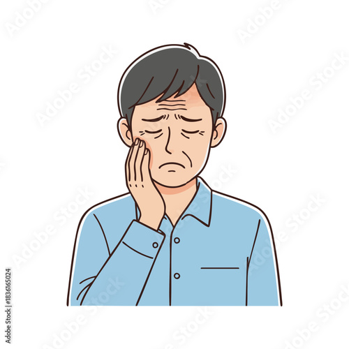 A distressed elderly man is clutching his cheek with his hand, indicating he is suffering from toothache or facial pain, with his eyes closed in discomfort