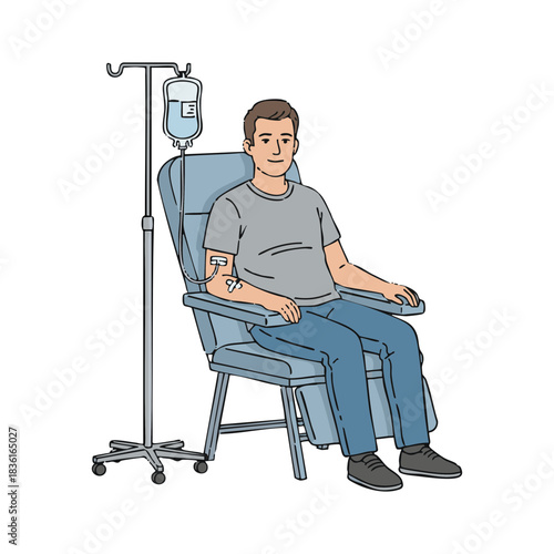 Male patient sitting comfortably in a medical chair while receiving an intravenous drip for infusion therapy or chemotherapy