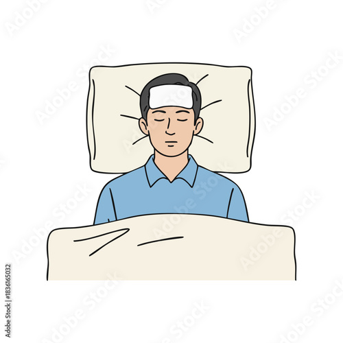 An unwell man resting in bed with a fever, using a cooling patch on his forehead for relief from sickness and illness symptoms