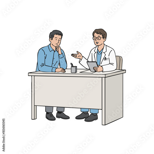 Professional healthcare consultation where a doctor provides detailed medical advice and support to a male patient seeking guidance on health concerns