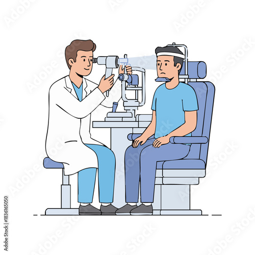 An eye care professional conducting a thorough vision examination for a male patient using a slit lamp in a medical clinic