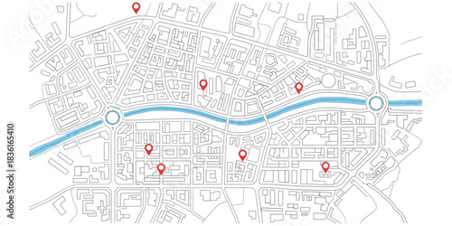 A minimalist city map illustration with red location pins showing various points of interest along a river, representing GPS navigation and local guidance