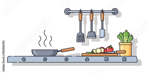 A minimalist kitchen counter illustration showing food preparation with a sizzling pan, hanging utensils, and fresh chopped vegetables