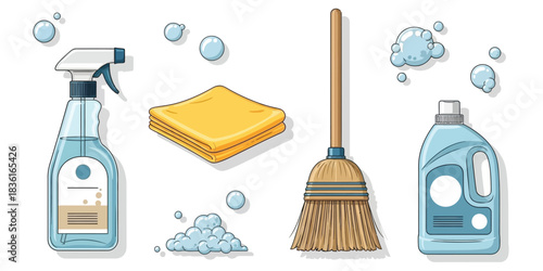A vibrant vector illustration set of essential household cleaning supplies, including a broom, detergent, and spray for maintaining a sanitary home environment