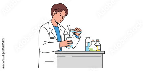 A dedicated researcher in a clean laboratory setting, carefully pouring and mixing liquids to conduct a scientific experiment, focusing on discovery and education