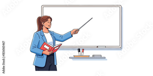 Professional female instructor pointing at a blank whiteboard with a book and pointer, illustrating concepts of training, learning, and business presentations