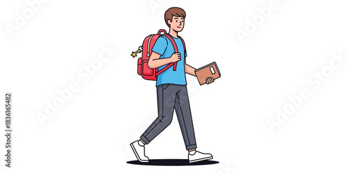 A young male student character walking with a red backpack and holding a book, isolated vector illustration for education or back to school concepts