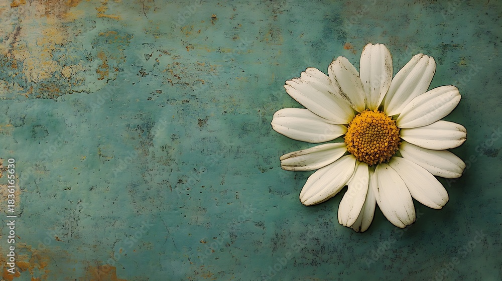 Obraz premium Elegant white daisy against textured teal backdrop offers spring freshness