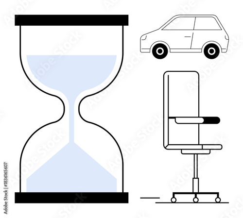 Time management, work-life balance, productivity, scheduling, efficiency, deadlines. A minimalist hourglass, office chair and car icon. Time management and work-life balance