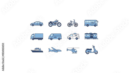 transportation vehicles icon set , car bike bus truck ship airplane scooter